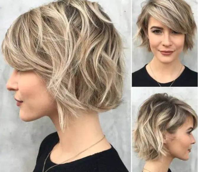 9. Simple everyday short haircut: tousled and textured bob hairstyle with bangs