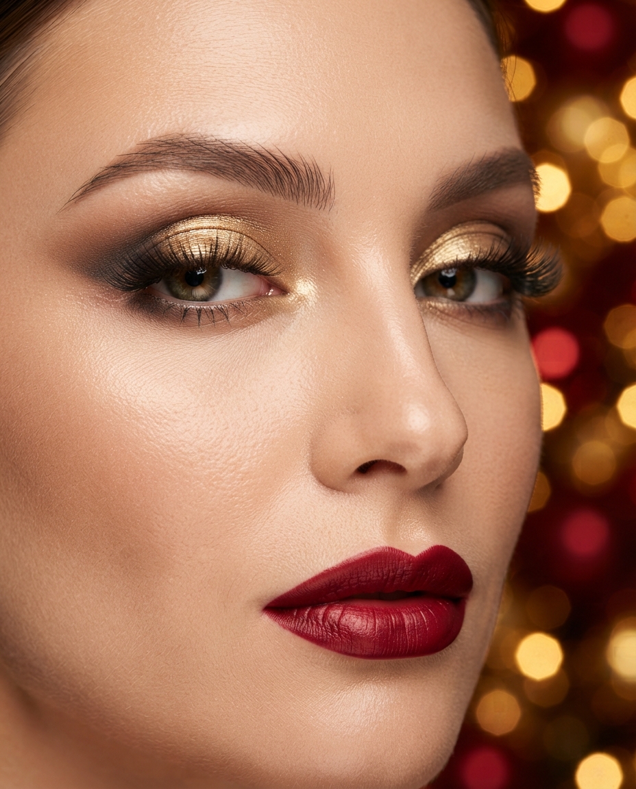Full Holiday Glam With Gold Eyes and Deep Red Lips