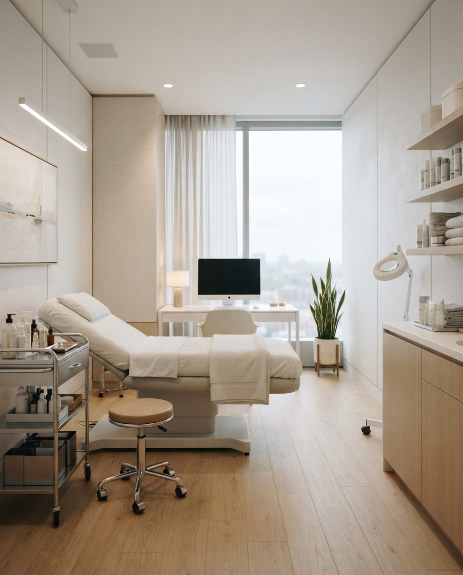 A clean, modern dermatology clinic treatment space