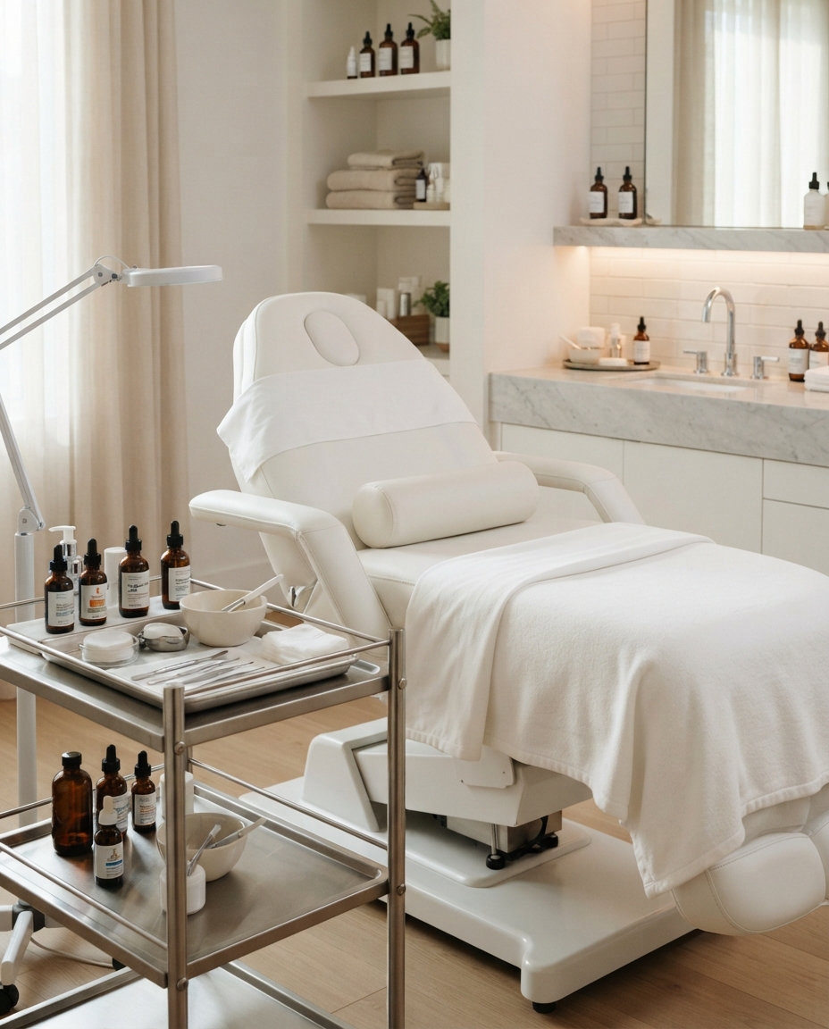 A clean professional skincare treatment room setting