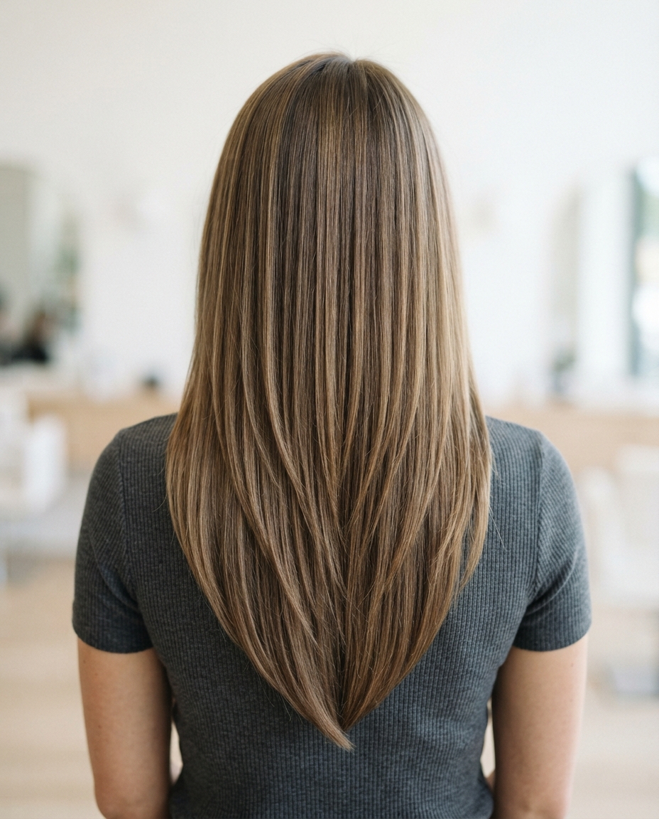 Back view of long straight hair in a sharp, clearly defined V-shaped layer cut