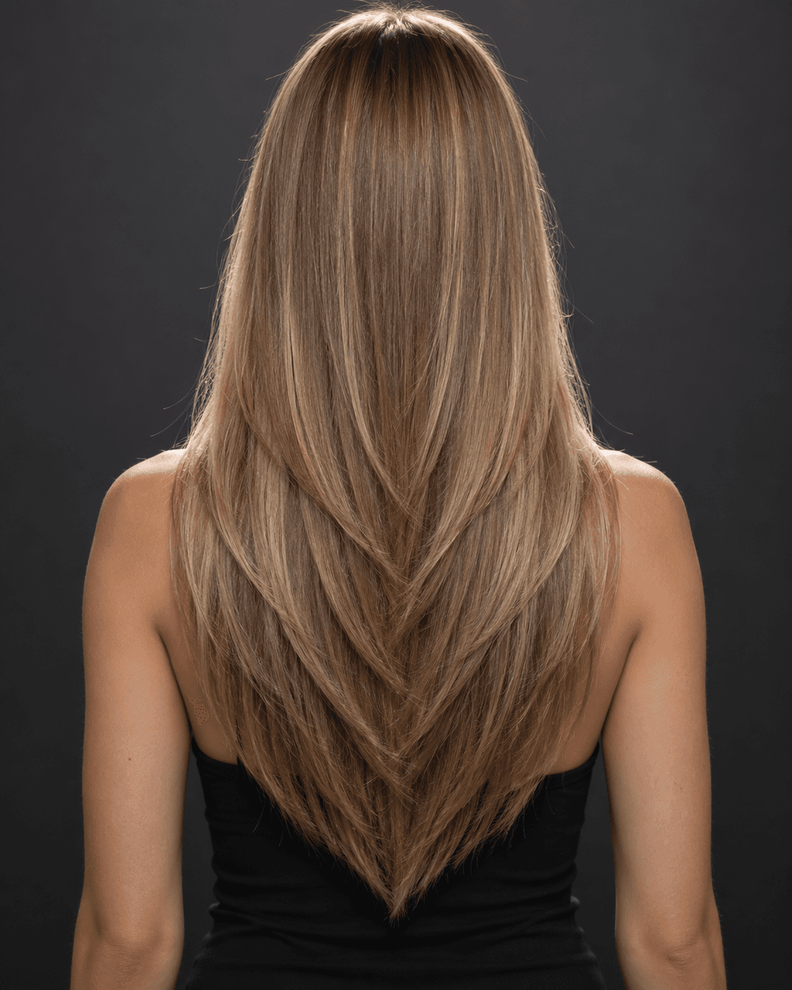 Back view of long straight hair in a sharp, clearly defined V-shaped layer cut.