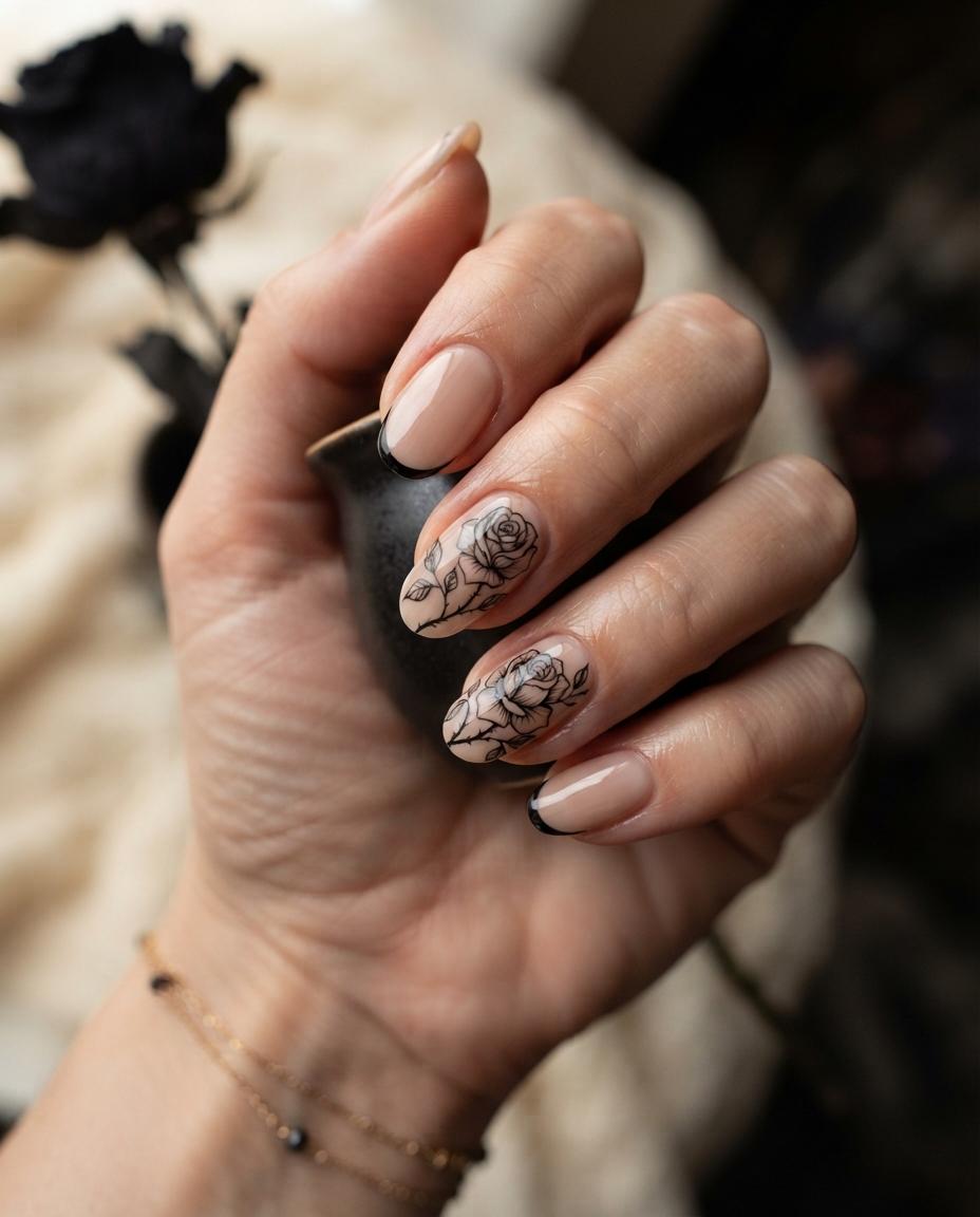 Black Roses on Sheer Nude Nails
