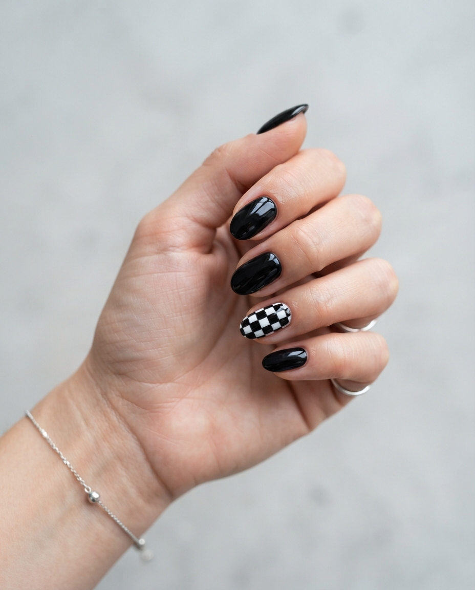 Black-and-White Checkerboard Accent Nails