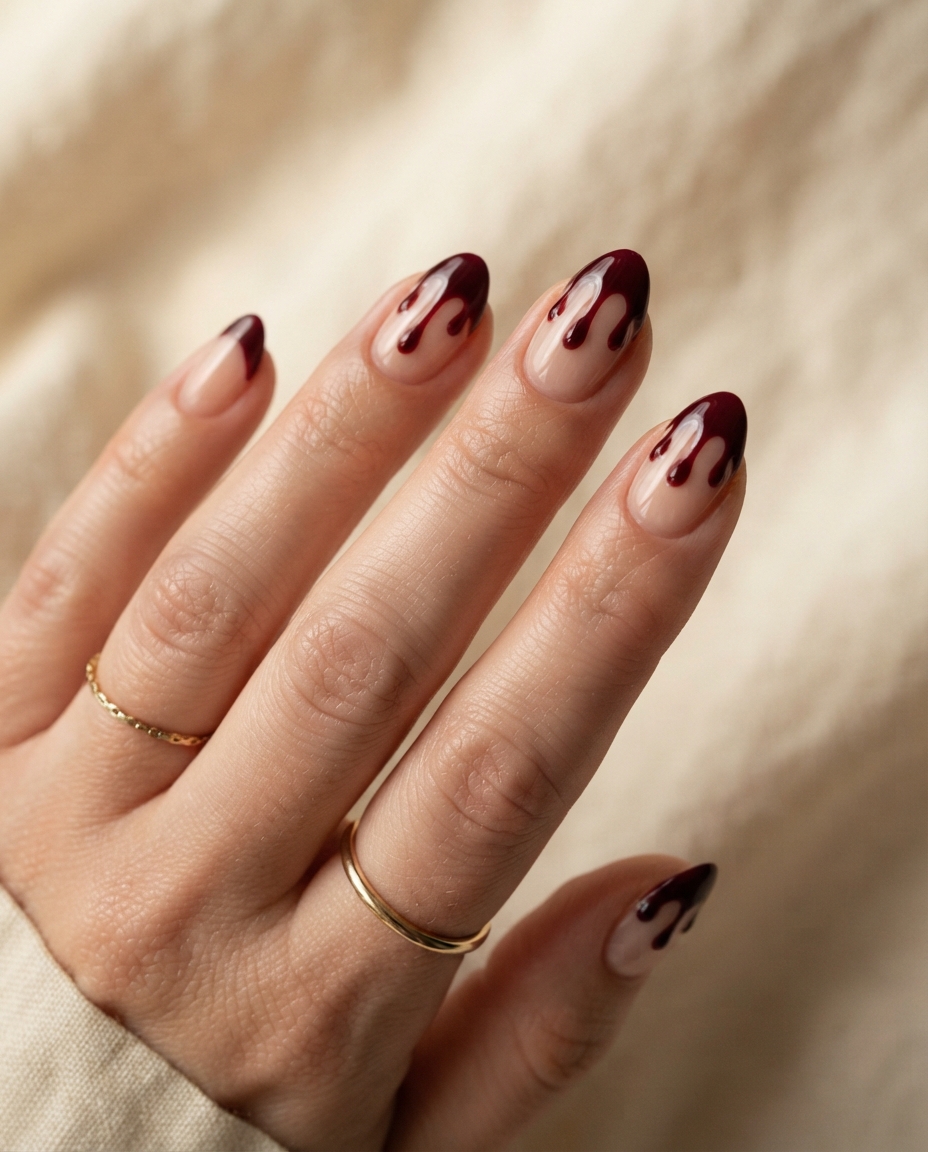 Burgundy Blood-Drip French Tips