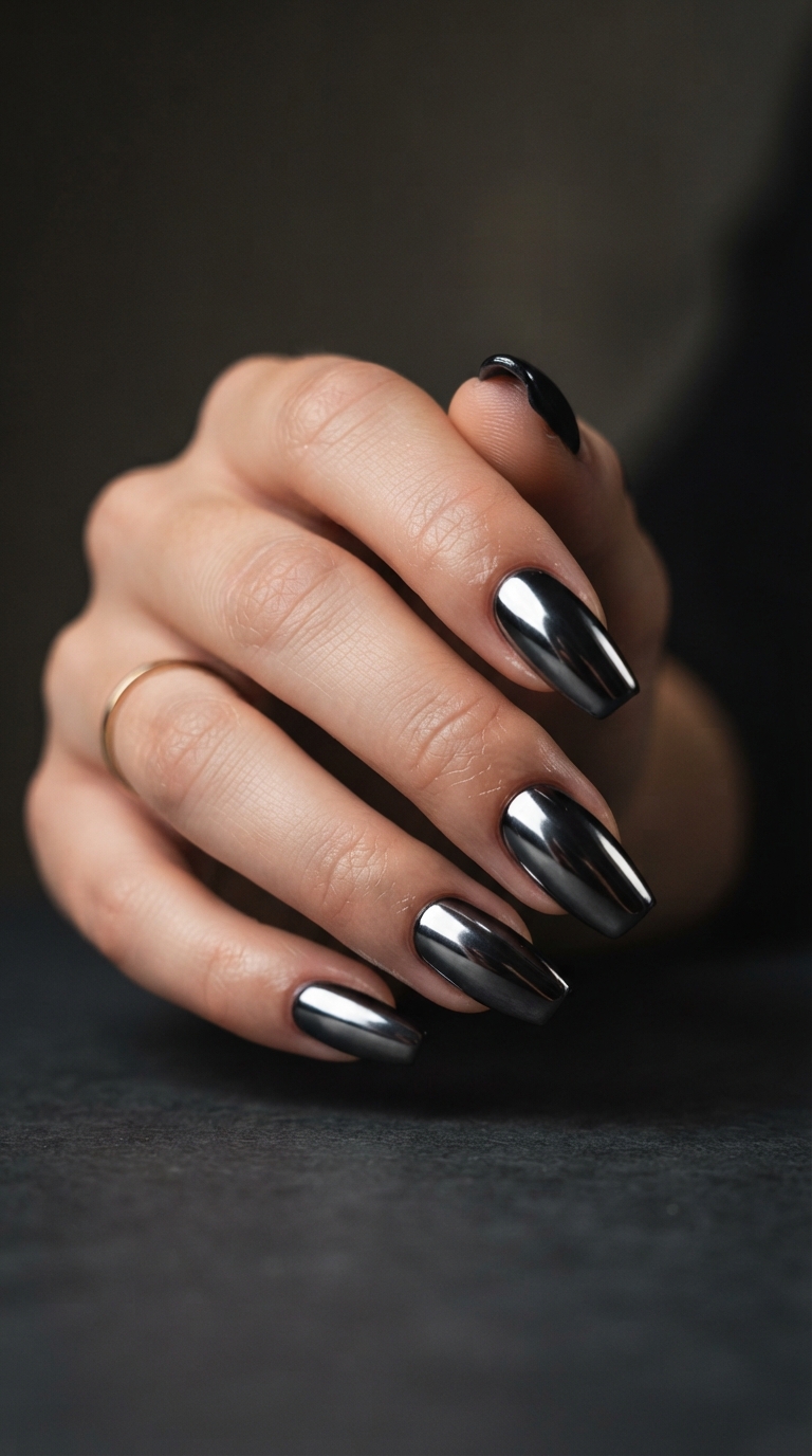 Chrome Powder Over a Black Base for a Haunted Mirror Effect