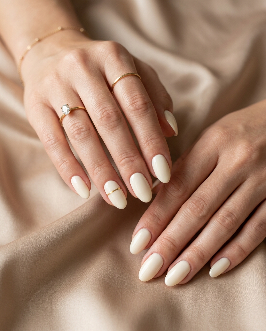 Creamy Ivory Nails With One Fine Gold Accent
