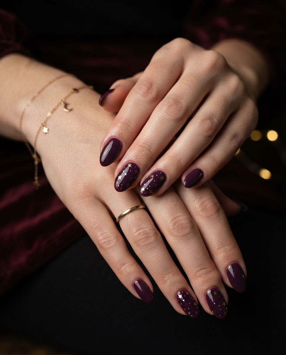 Deep Plum Nails With Tiny Gold Stars