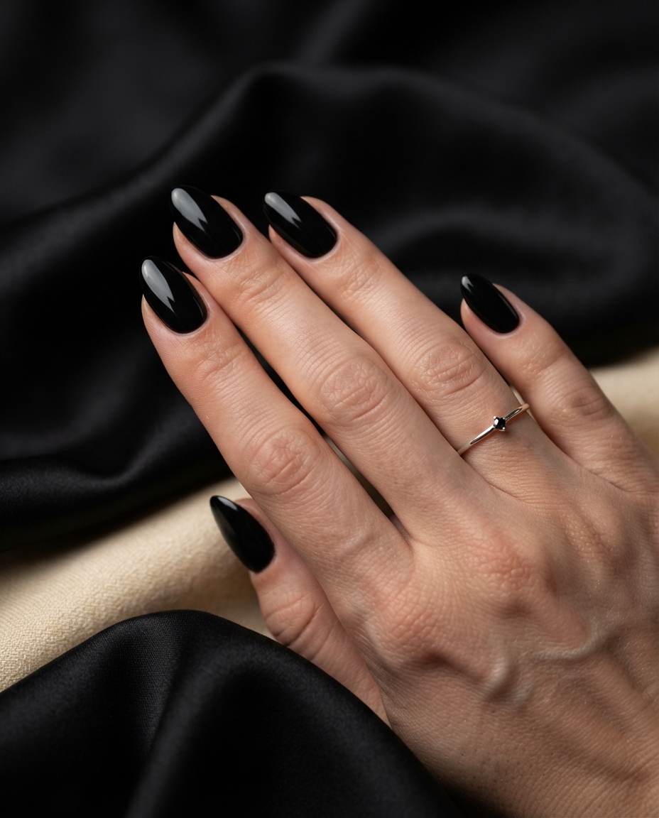 Glossy Black Almond Nails