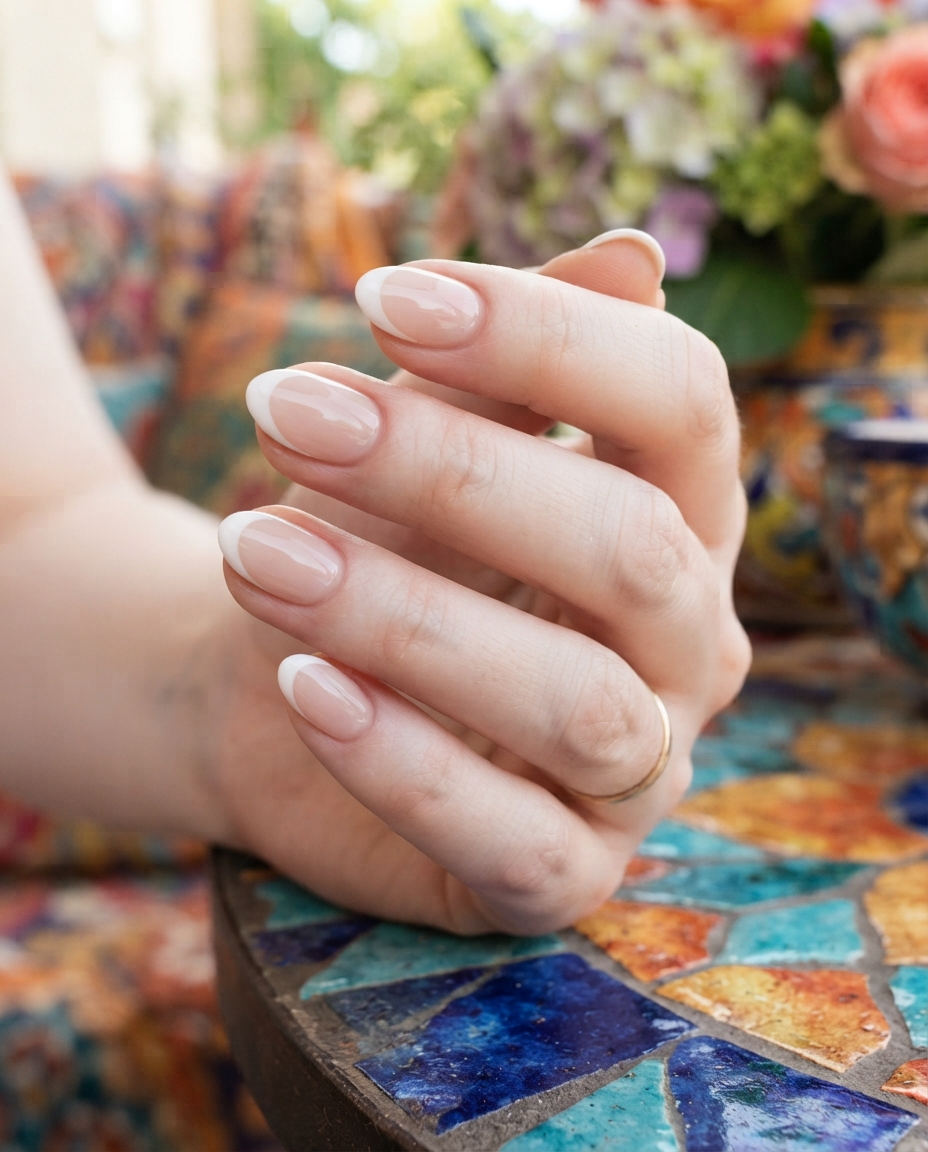 Hand with a French manicure on almond-shaped acrylic nails