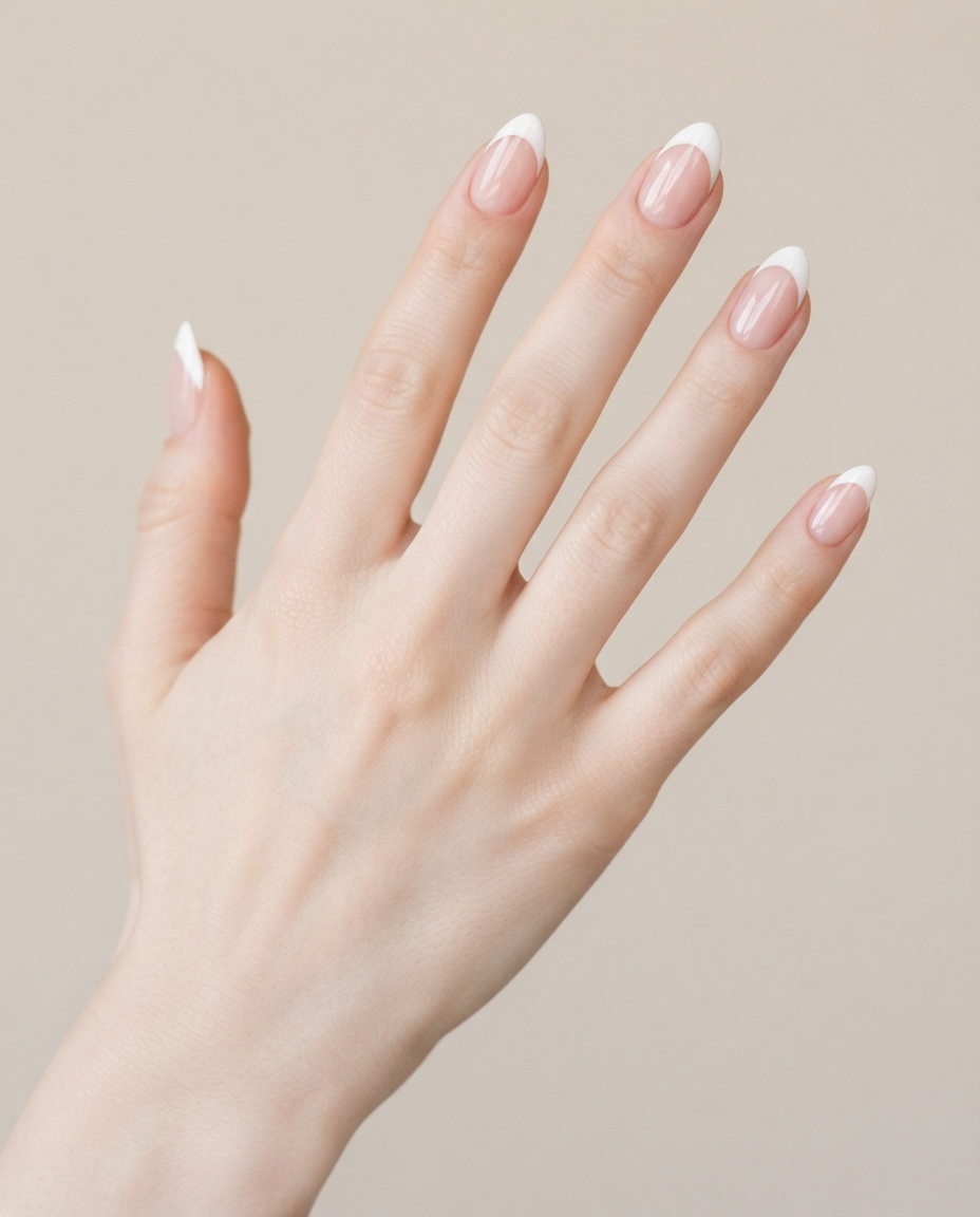 Hand with a classic French manicure featuring white tips over a sheer pink base