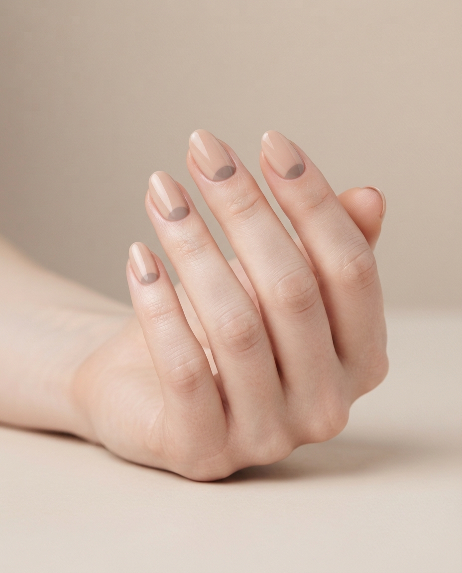 Hand with a half-moon manicure design in taupe and nude