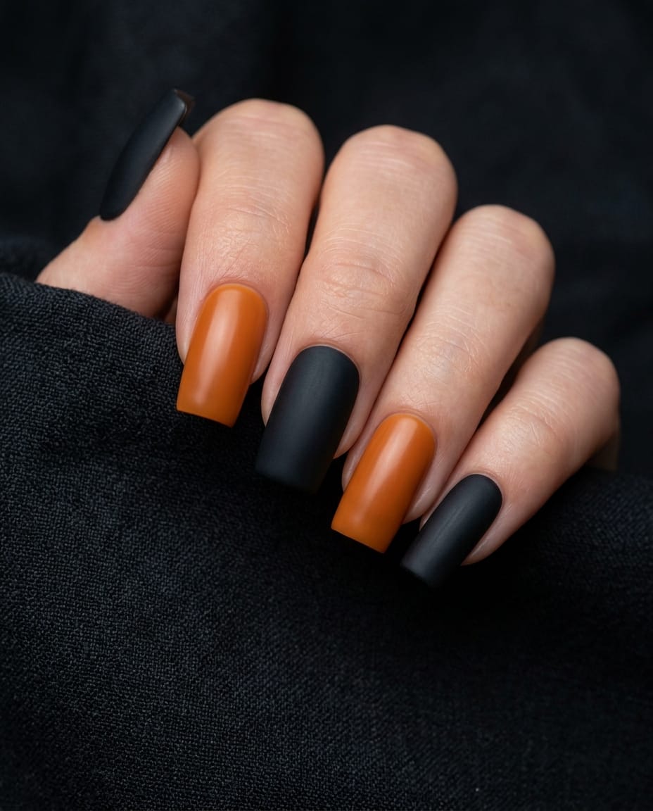 Hand with acrylic nails alternating between orange and black across the full set