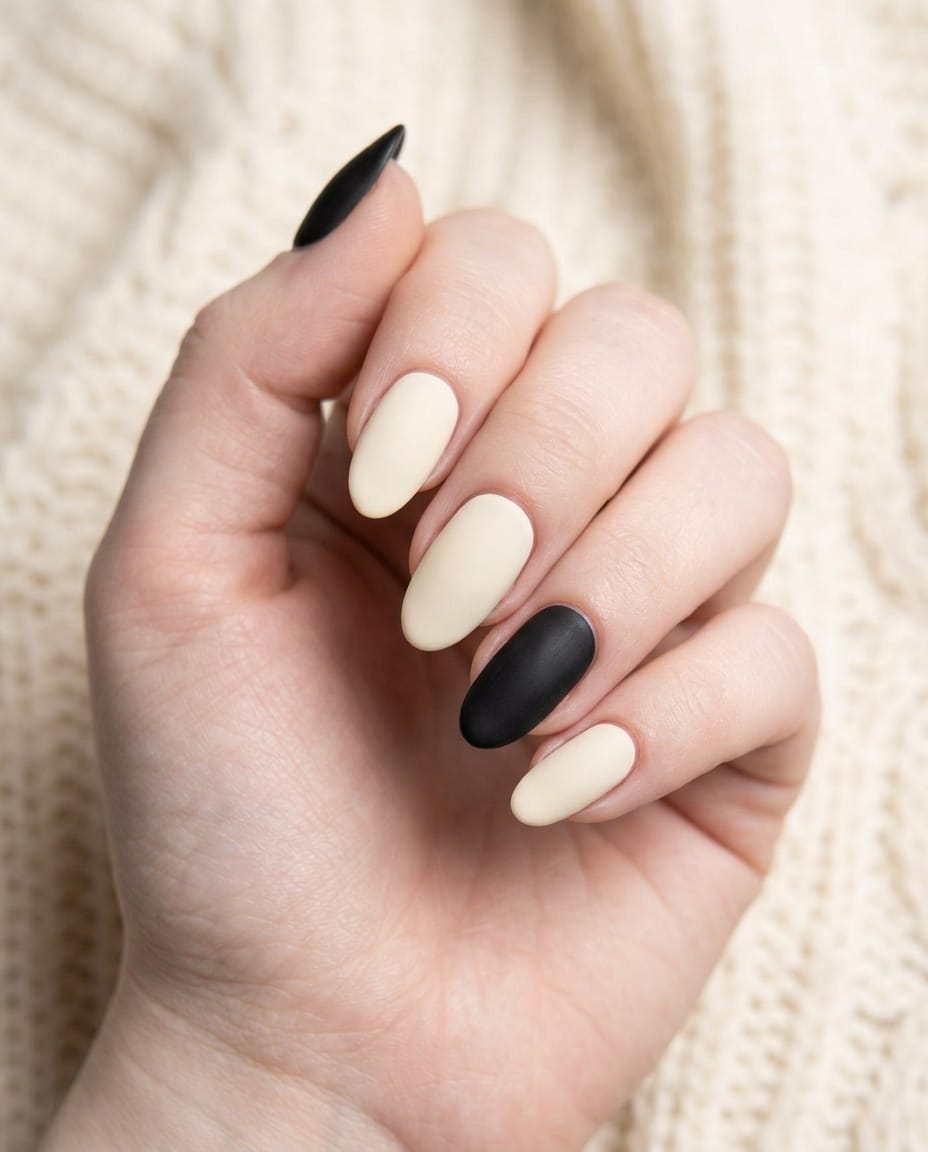 Hand with acrylic nails alternating between solid cream and black