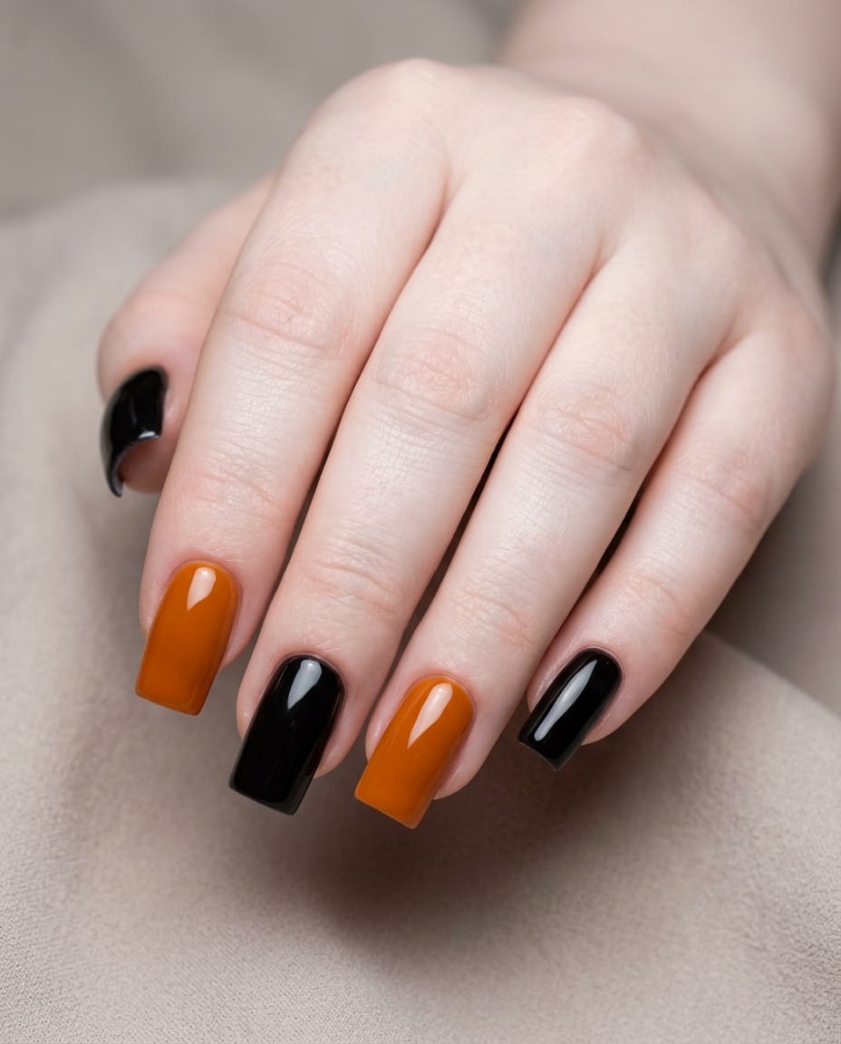 Hand with acrylic nails alternating between solid orange and black