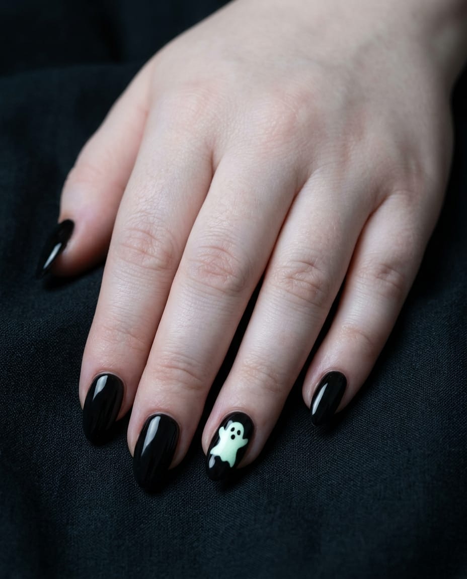 Hand with black acrylic nails and a glow-in-the-dark ghost accent nail