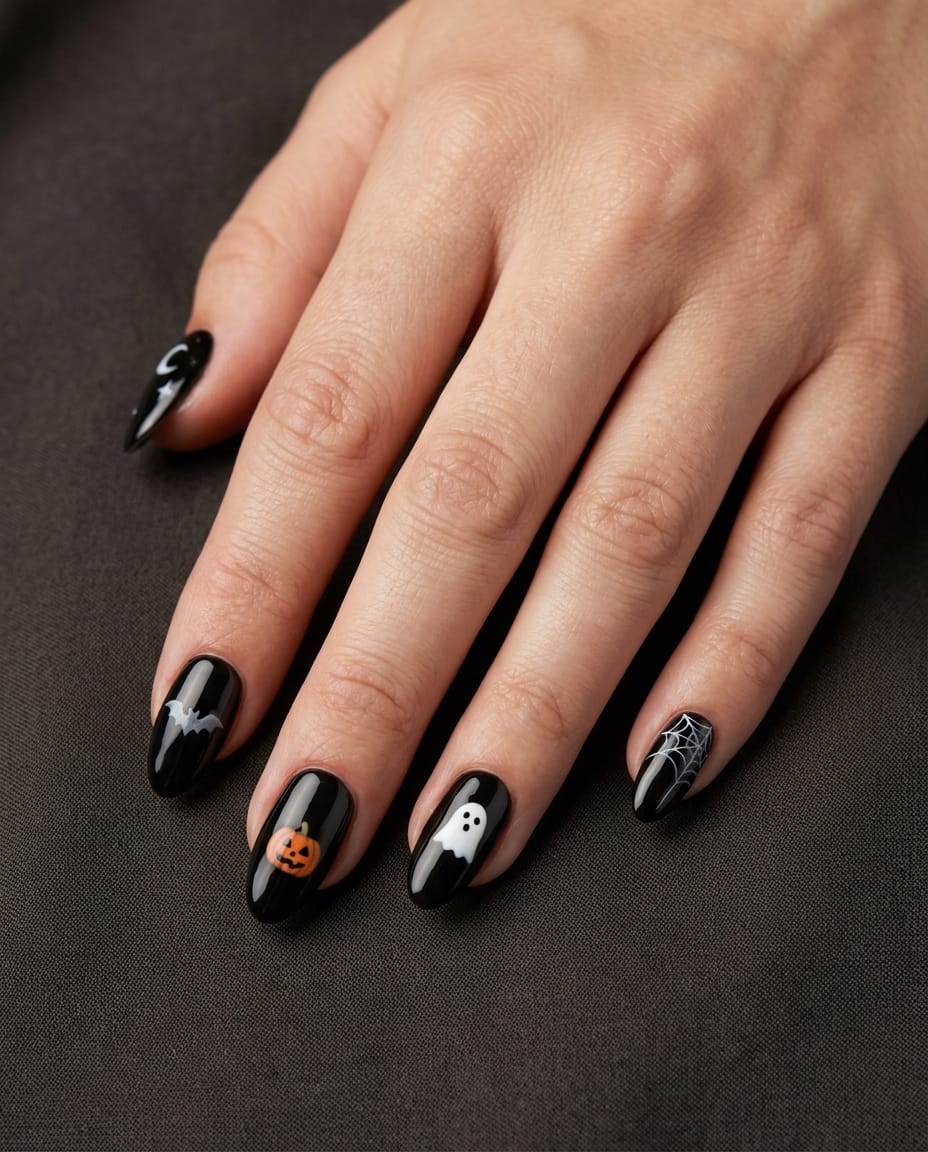 Hand with black acrylic nails featuring a different Halloween motif on each nail.