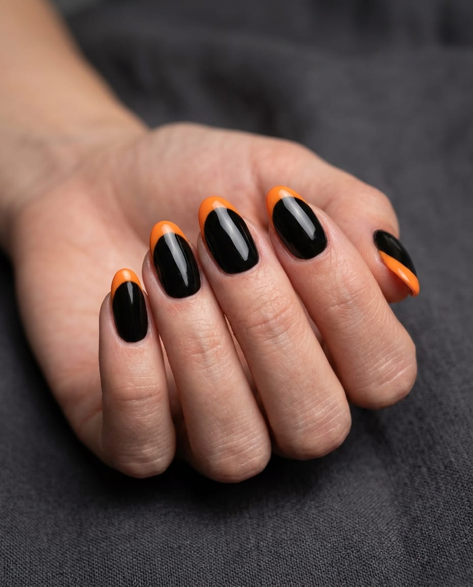  Hand with black acrylic nails featuring an orange French tip design