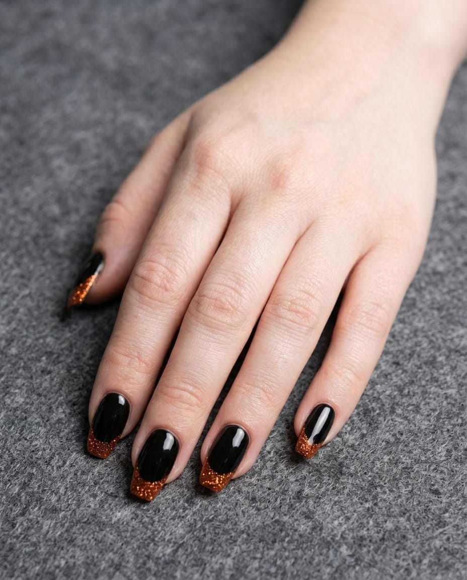  Hand with black acrylic nails featuring orange glitter tips