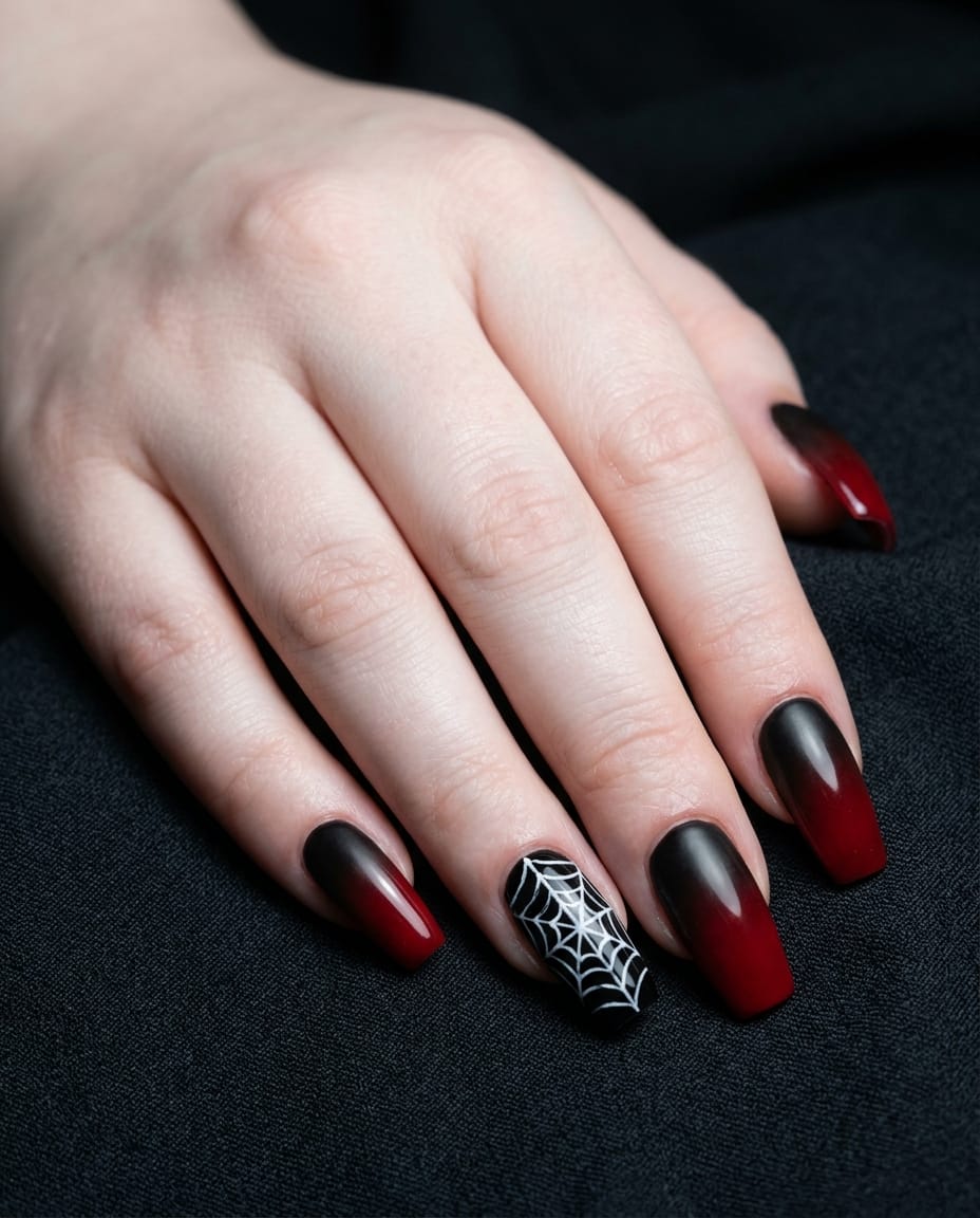 Hand with black-to-red ombré acrylic nails and a spider web accent nail