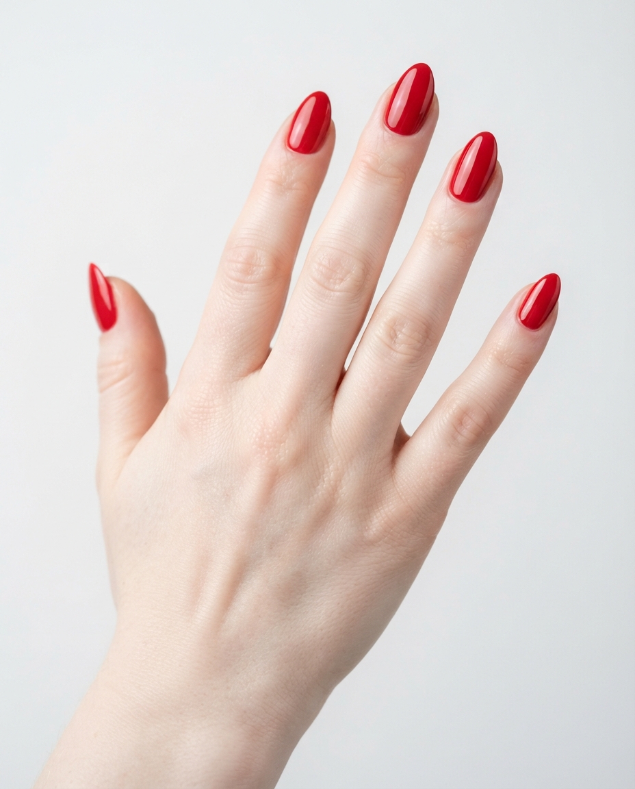 Hand with classic cherry-red glossy almond acrylic nails