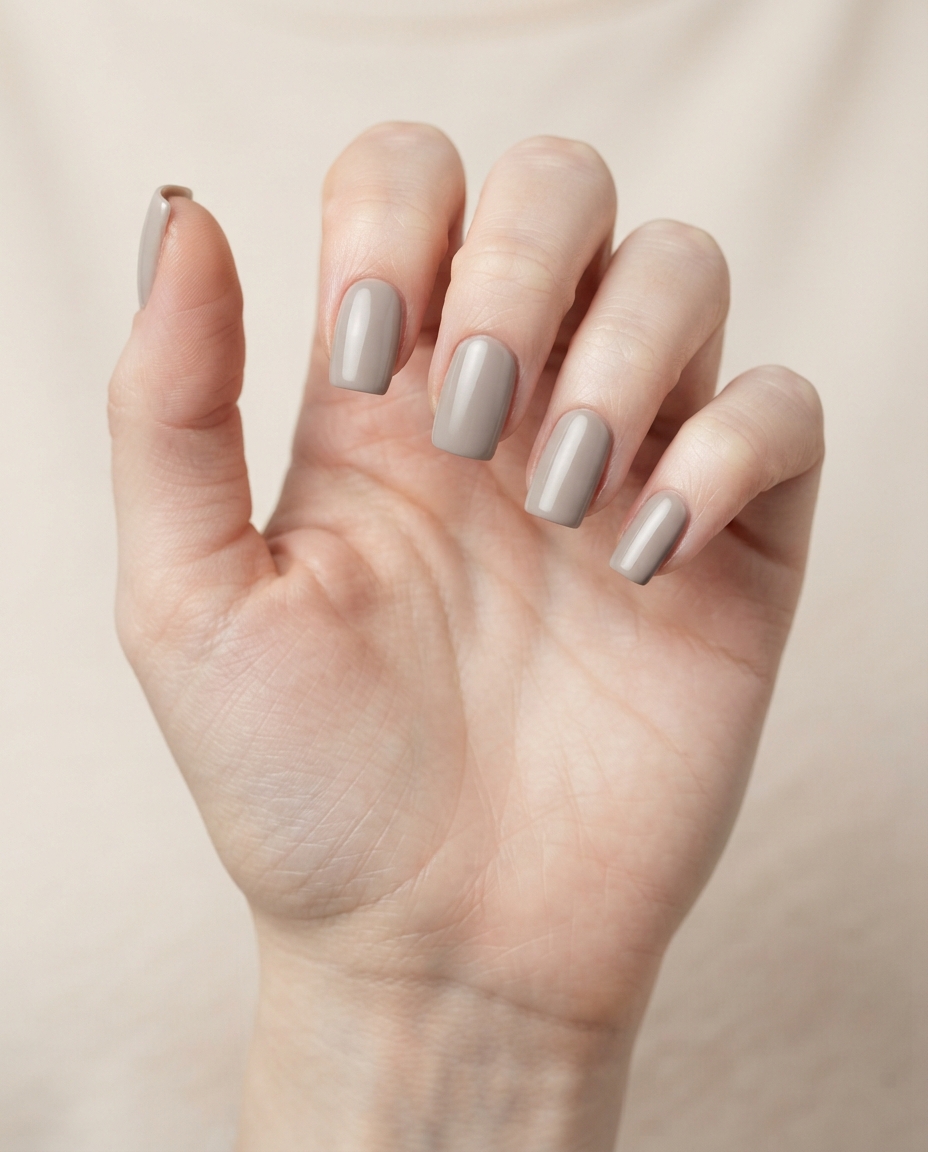 Hand with classic greige square acrylic nails