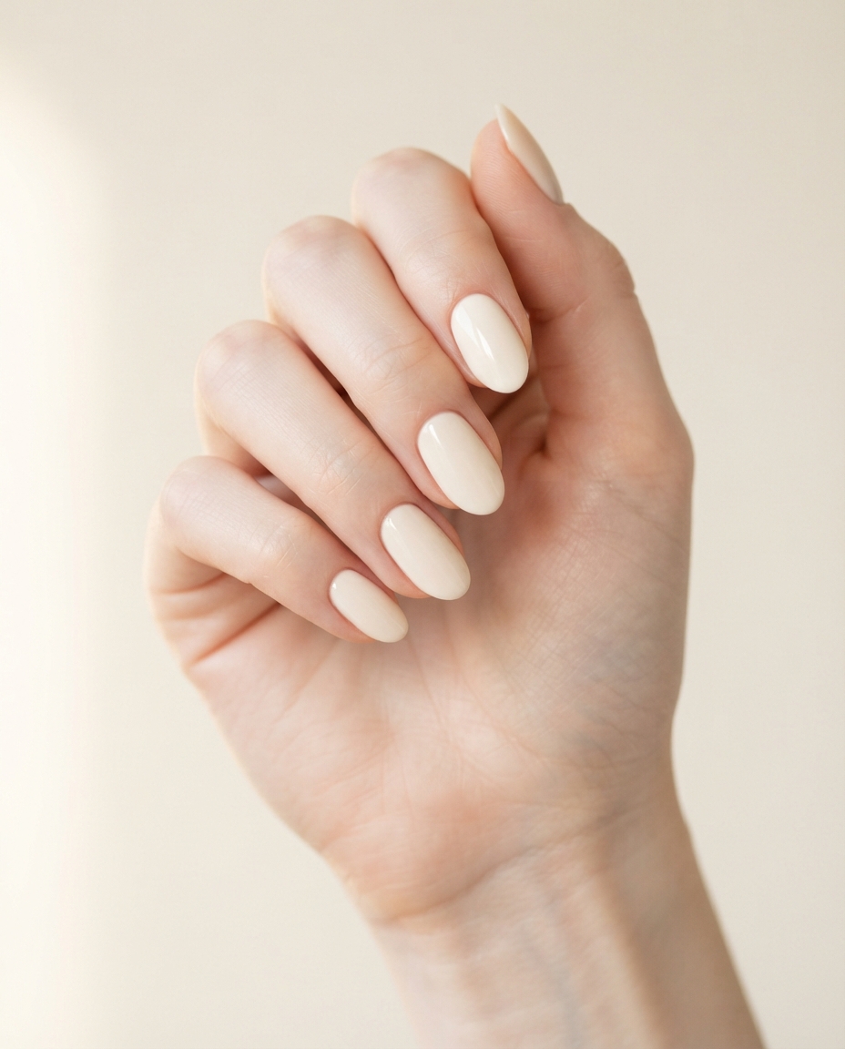 Hand with classic oval-shaped ivory acrylic nails