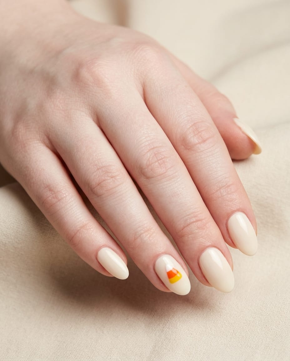 Hand with cream acrylic nails and a candy corn accent nail design