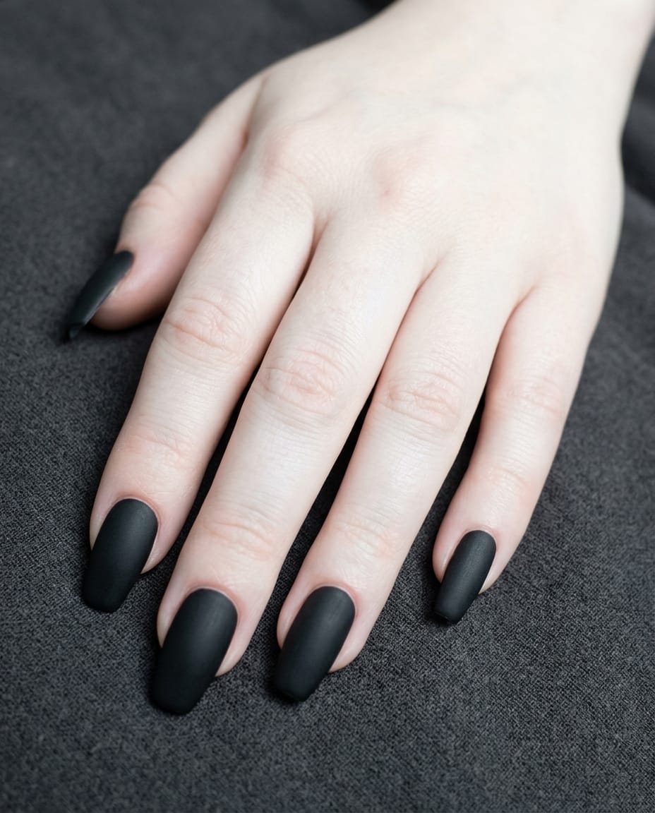 Hand with deep matte black coffin-shaped acrylic nails