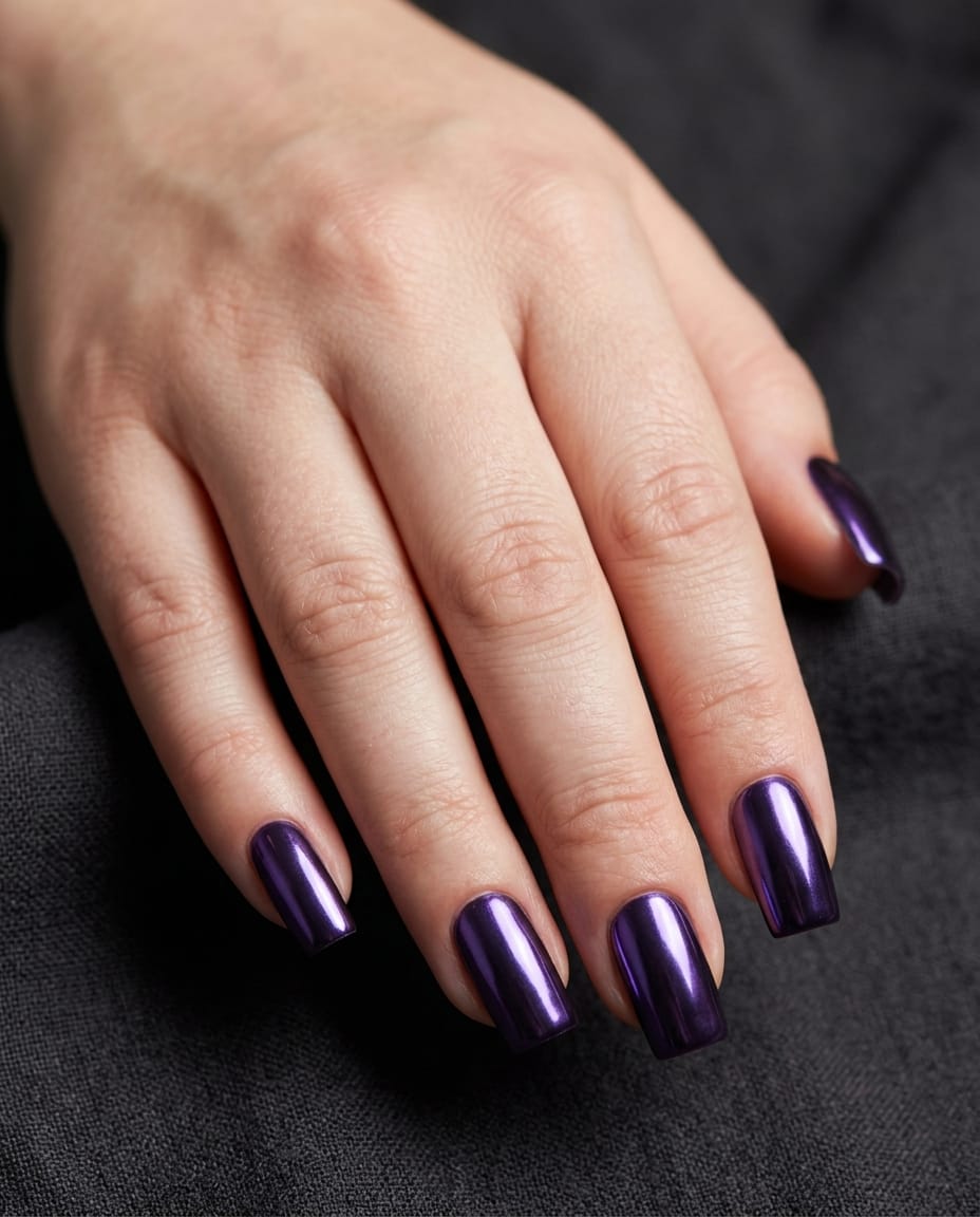 Hand with deep purple chrome-finish square acrylic nails