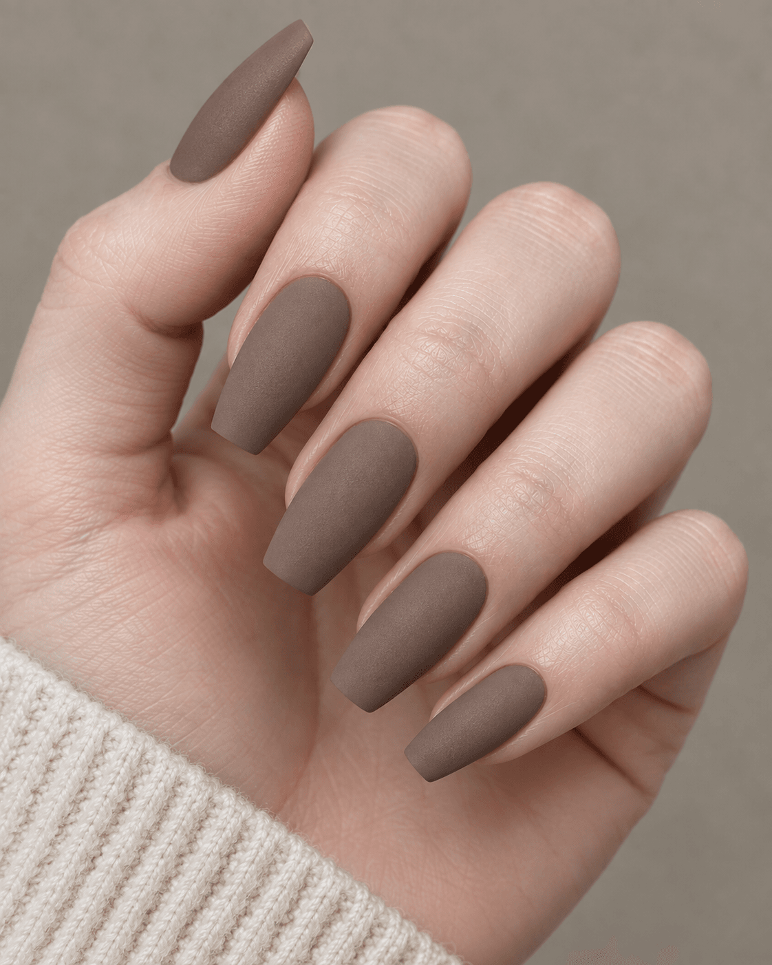 Hand with deep taupe acrylic nails featuring a velvet-matte texture.