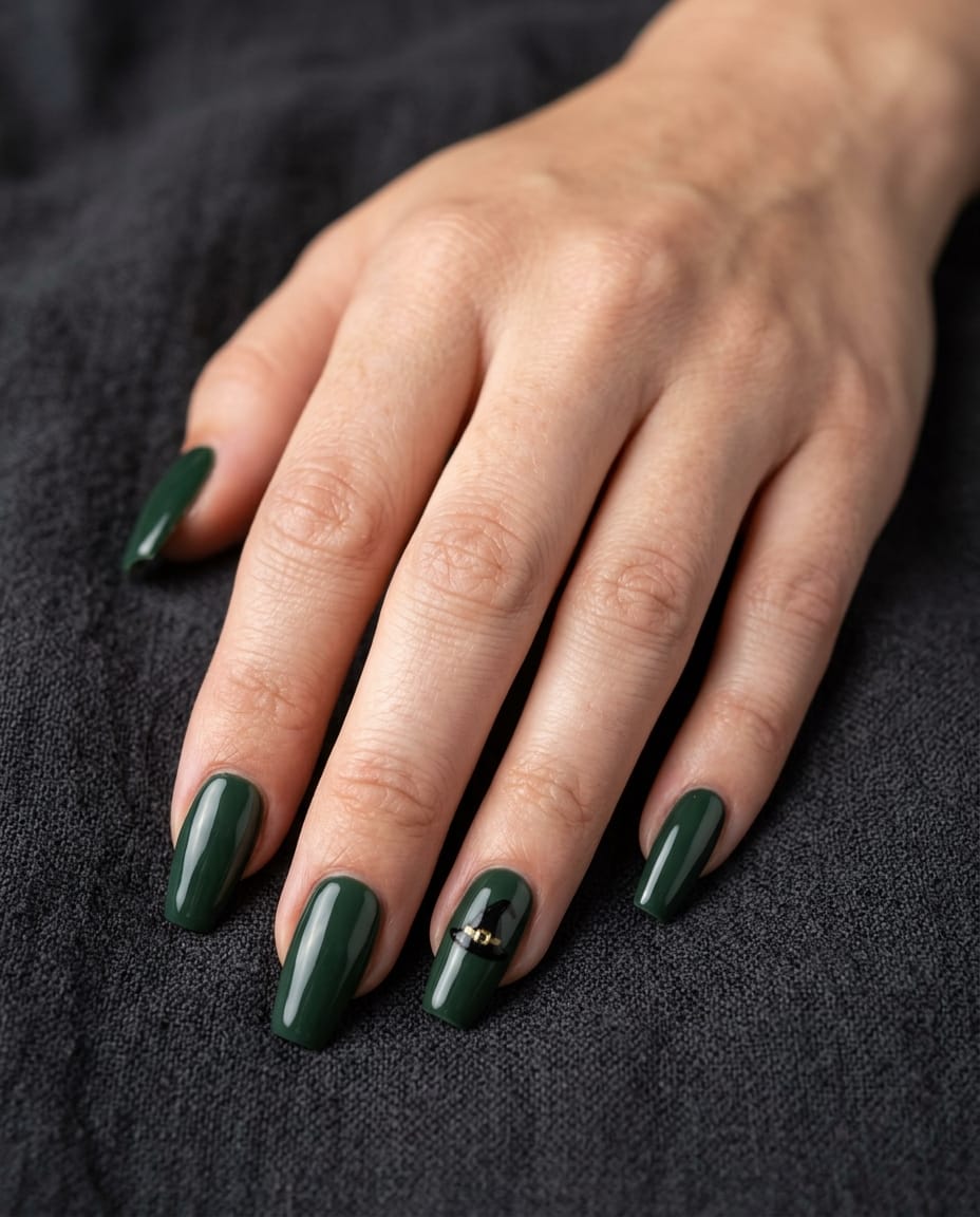 Hand with forest green acrylic nails and a witch hat silhouette accent nail