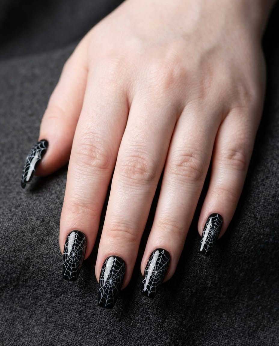 Hand with glossy black acrylic nails featuring a full spider web design across every nail