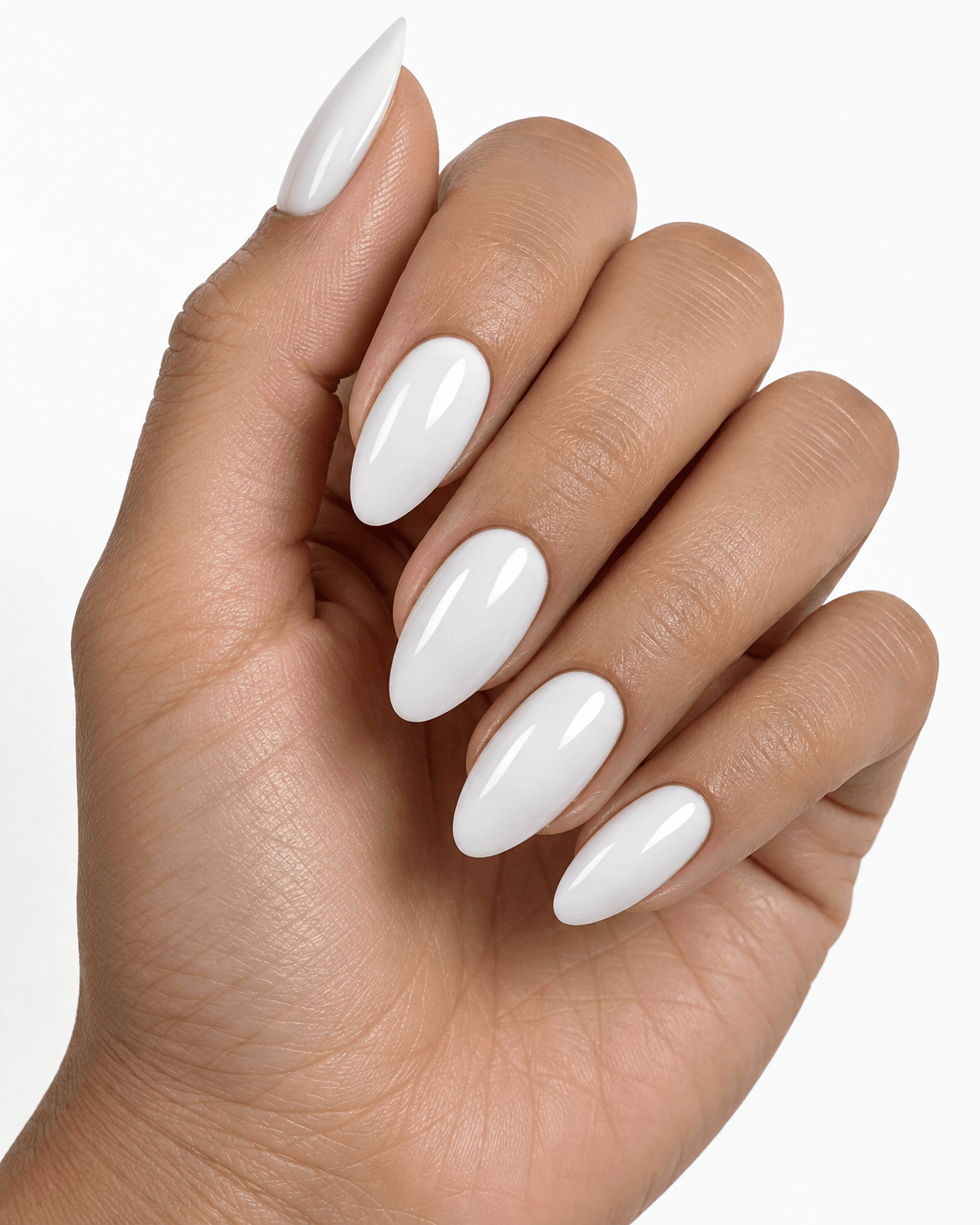 Hand with glossy bright white almond acrylic nails.
