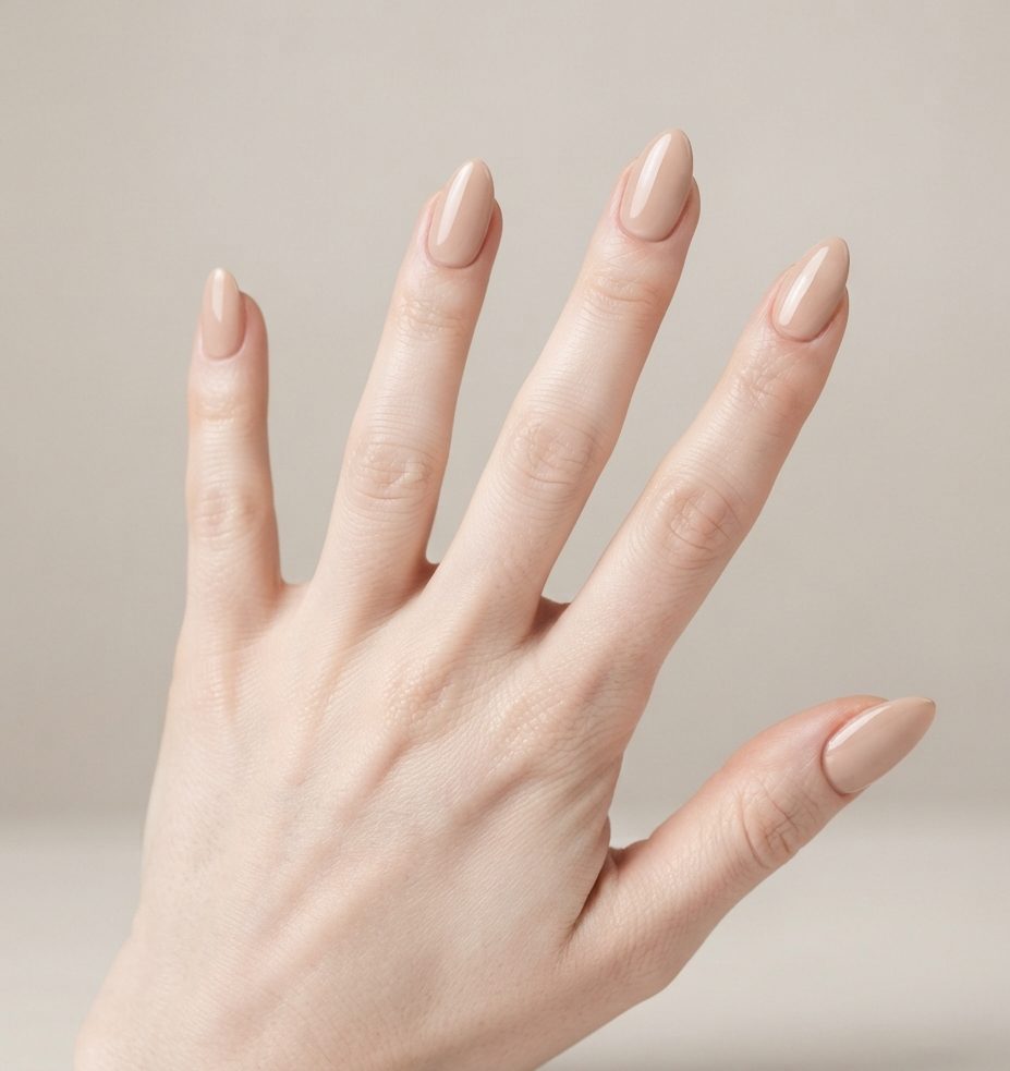 Hand with glossy nude almond acrylic nails