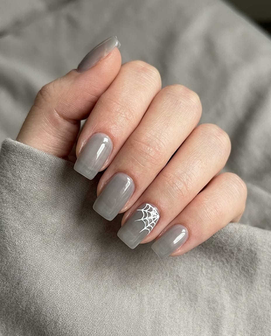 Hand with grey acrylic nails and a small spider web accent in one corner of one nail.
