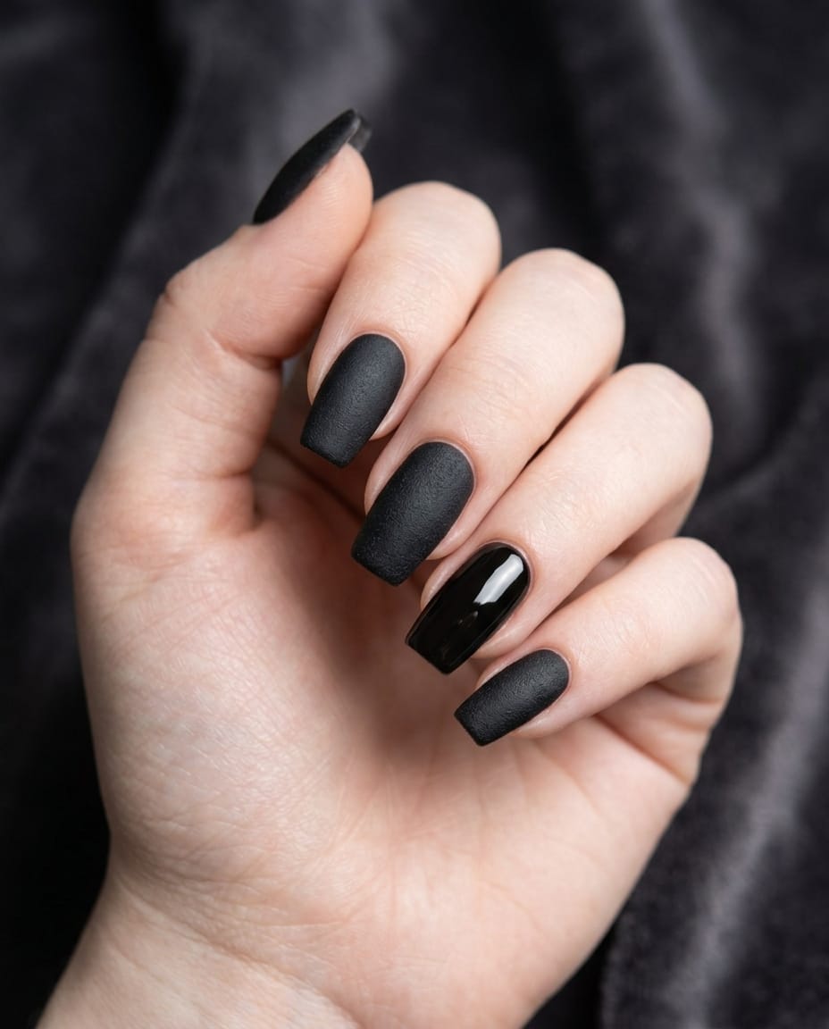 Hand with matte black nails and one glossy accent nail