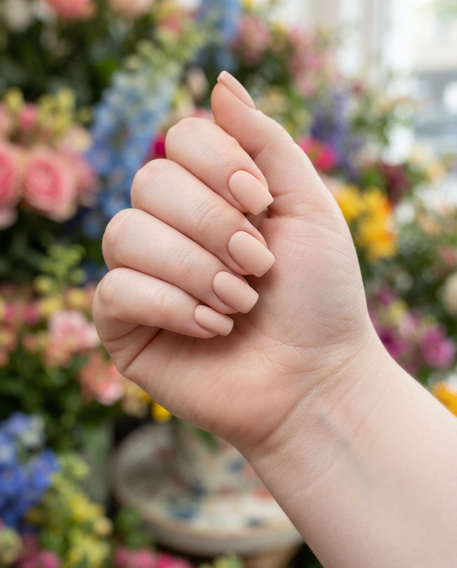 Hand with matte nude square acrylic nails