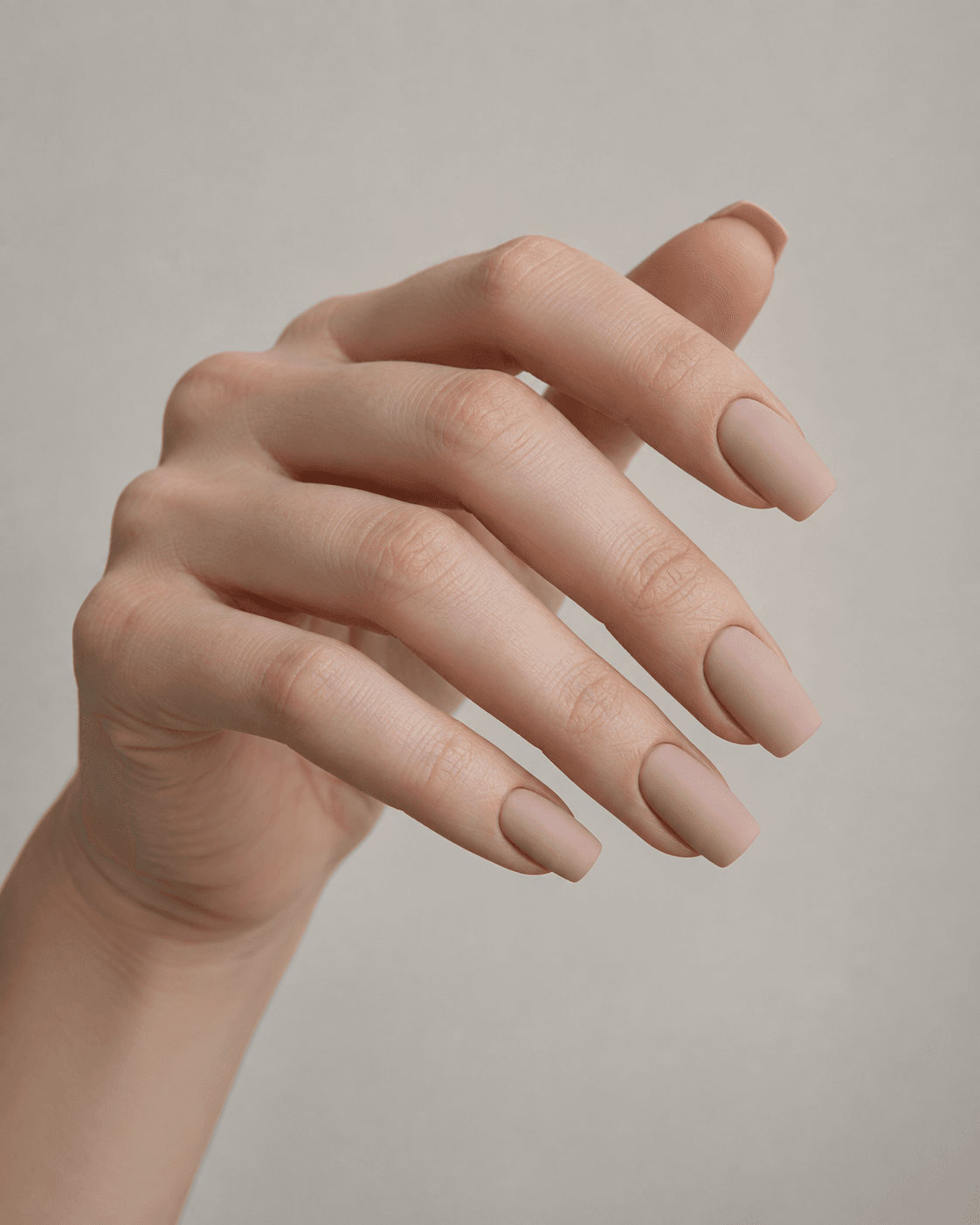 Hand with matte nude square acrylic nails.