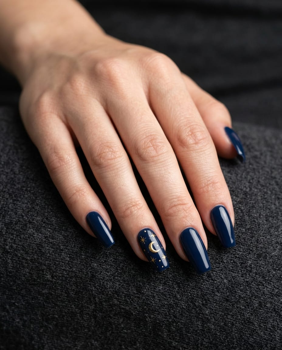 Hand with navy acrylic nails and a gold crescent moon and star accent nail
