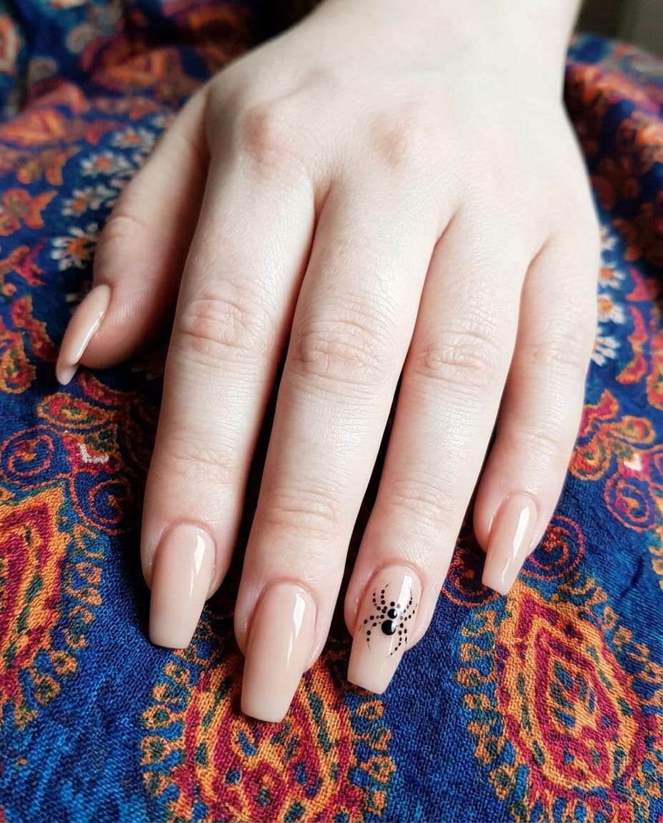 Hand with nude acrylic nails and a simple dot-cluster spider accent nail