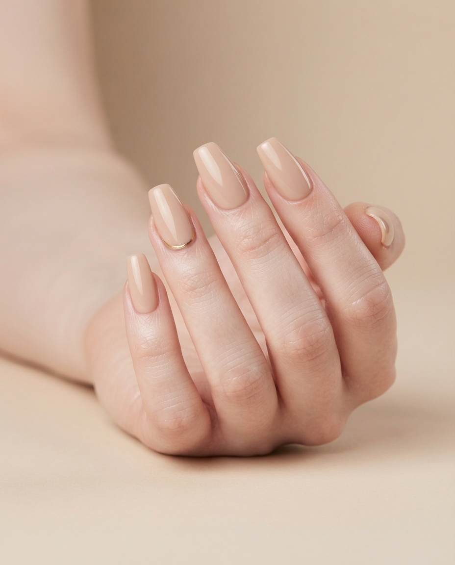 Hand with nude acrylic nails and a single fine gold line accent
