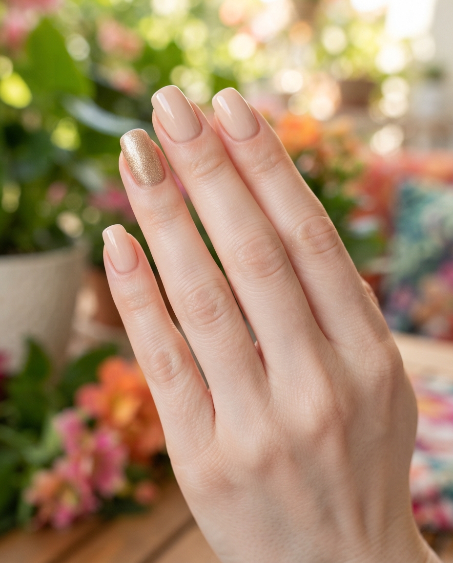 Hand with nude acrylic nails and one gold shimmer accent nail