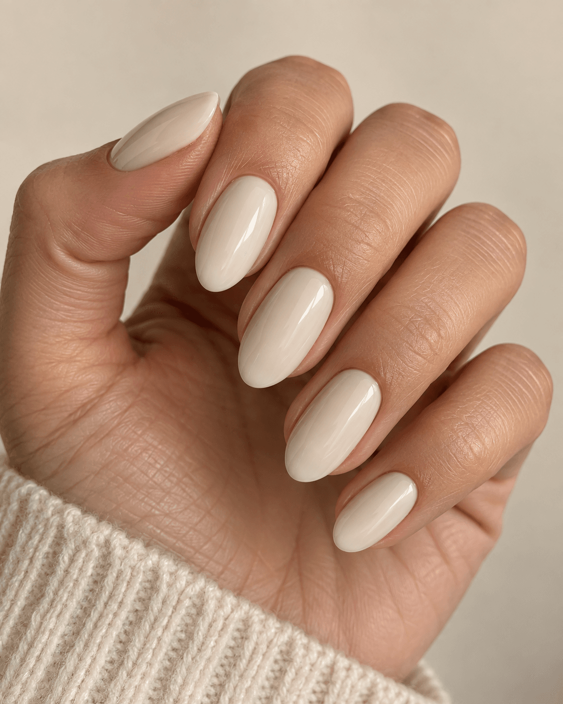 Hand with off-white bone-toned oval acrylic nails.