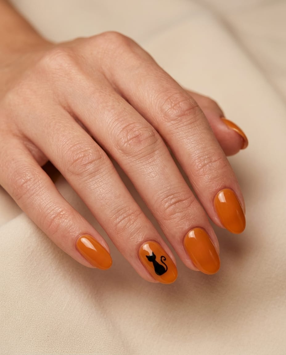 Hand with orange acrylic nails and a black cat silhouette accent nail