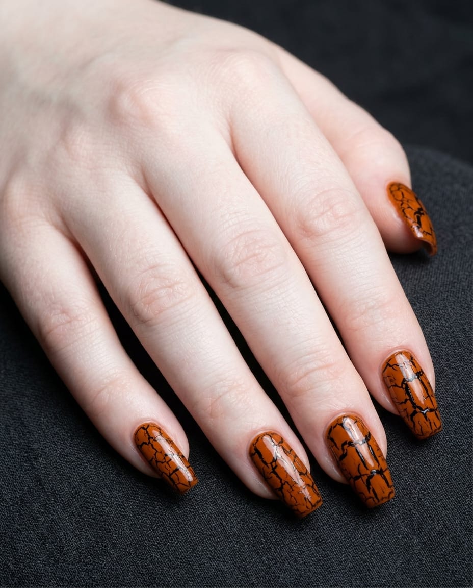 Hand with orange acrylic nails featuring a black crackled texture overlay