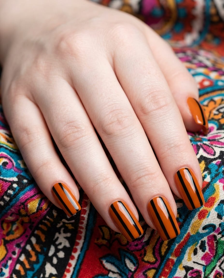 Hand with orange acrylic nails featuring clean black stripes