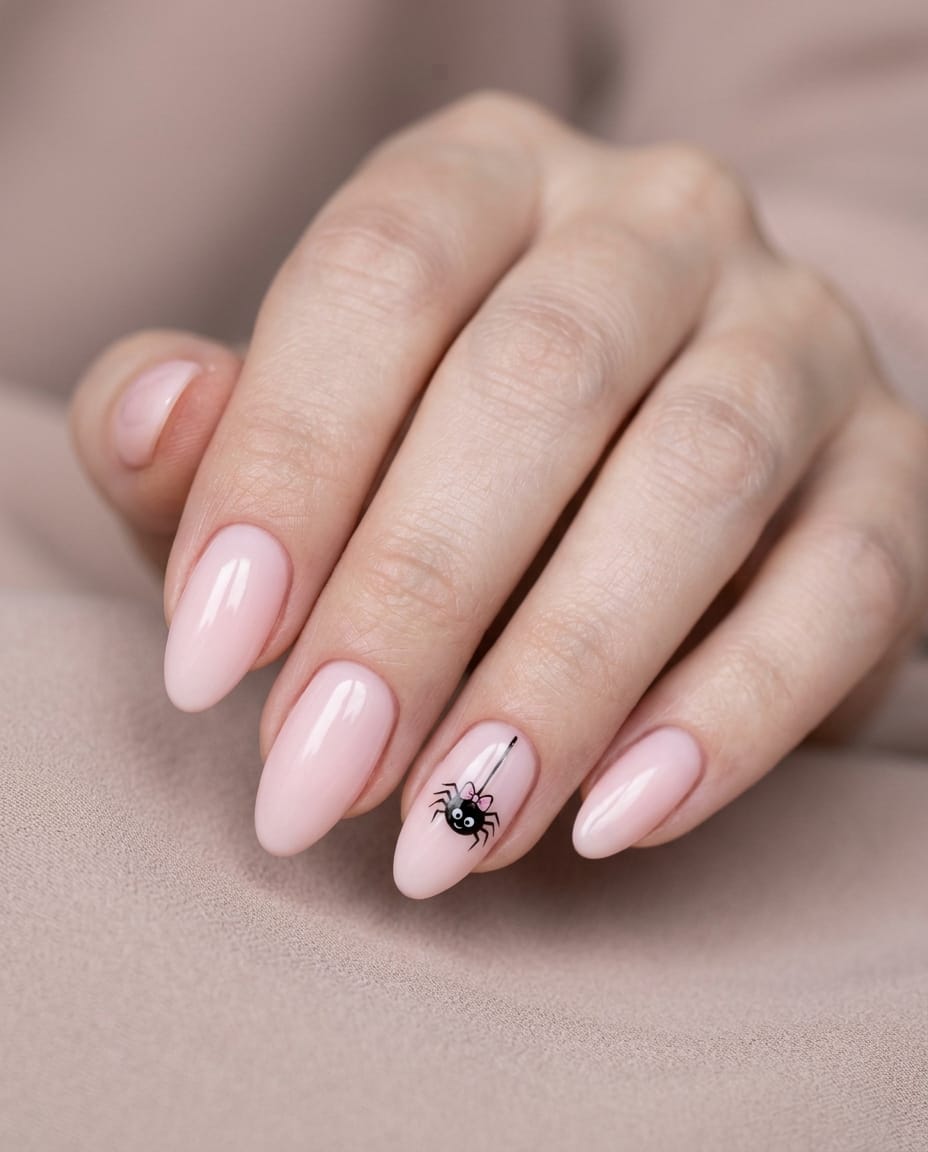 Hand with pink acrylic nails and a cute cartoon spider accent nail