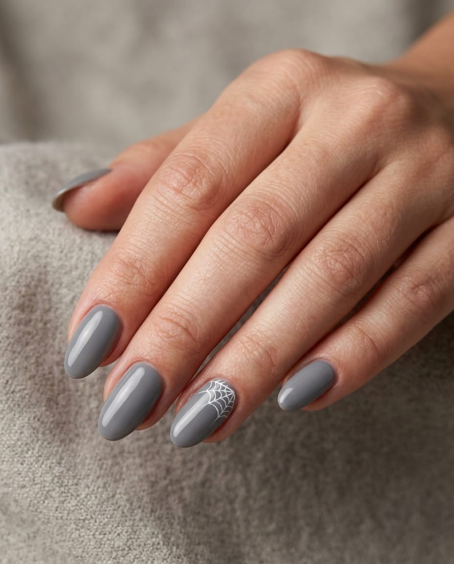 Hand with plain grey nails and a simple web accent in one corner of one nail
