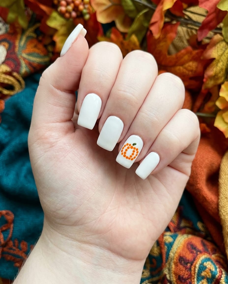 Hand with plain white nails and one dot-style pumpkin accent nail